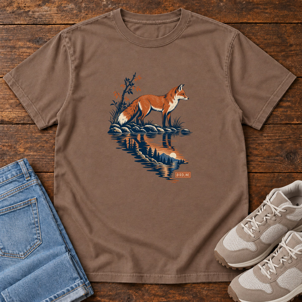 Espresso Fox Reflection T-Shirt with an orange fox beside water reflecting pine trees, front flat lay on wood.