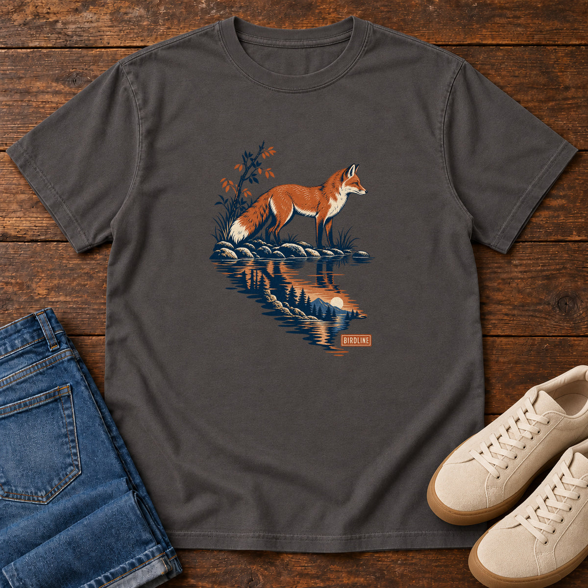 Graphite Fox Reflection T-Shirt with an orange fox beside water reflecting pine trees, front flat lay on wood.