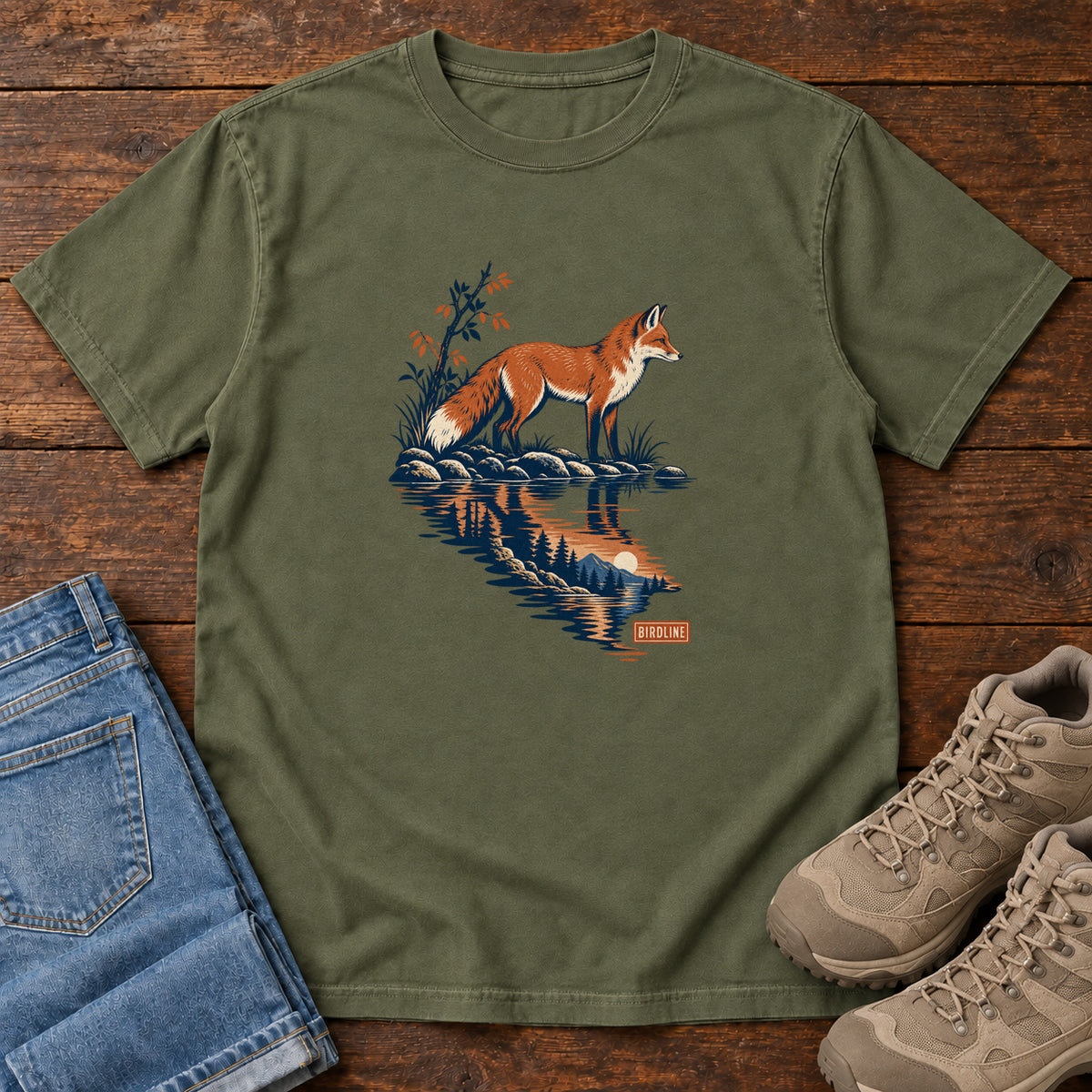 Hemp Fox Reflection T-Shirt with an orange fox beside water reflecting pine trees, front flat lay on wood.