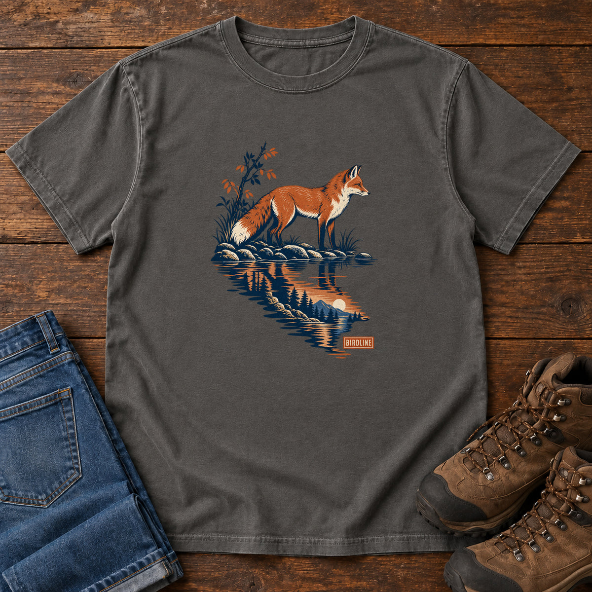 Pepper Fox Reflection T-Shirt with an orange fox beside water reflecting pine trees, front flat lay on wood.
