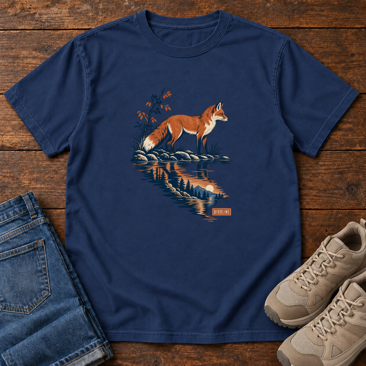 True Navy Fox Reflection T-Shirt with an orange fox beside water reflecting pine trees, front flat lay on wood.