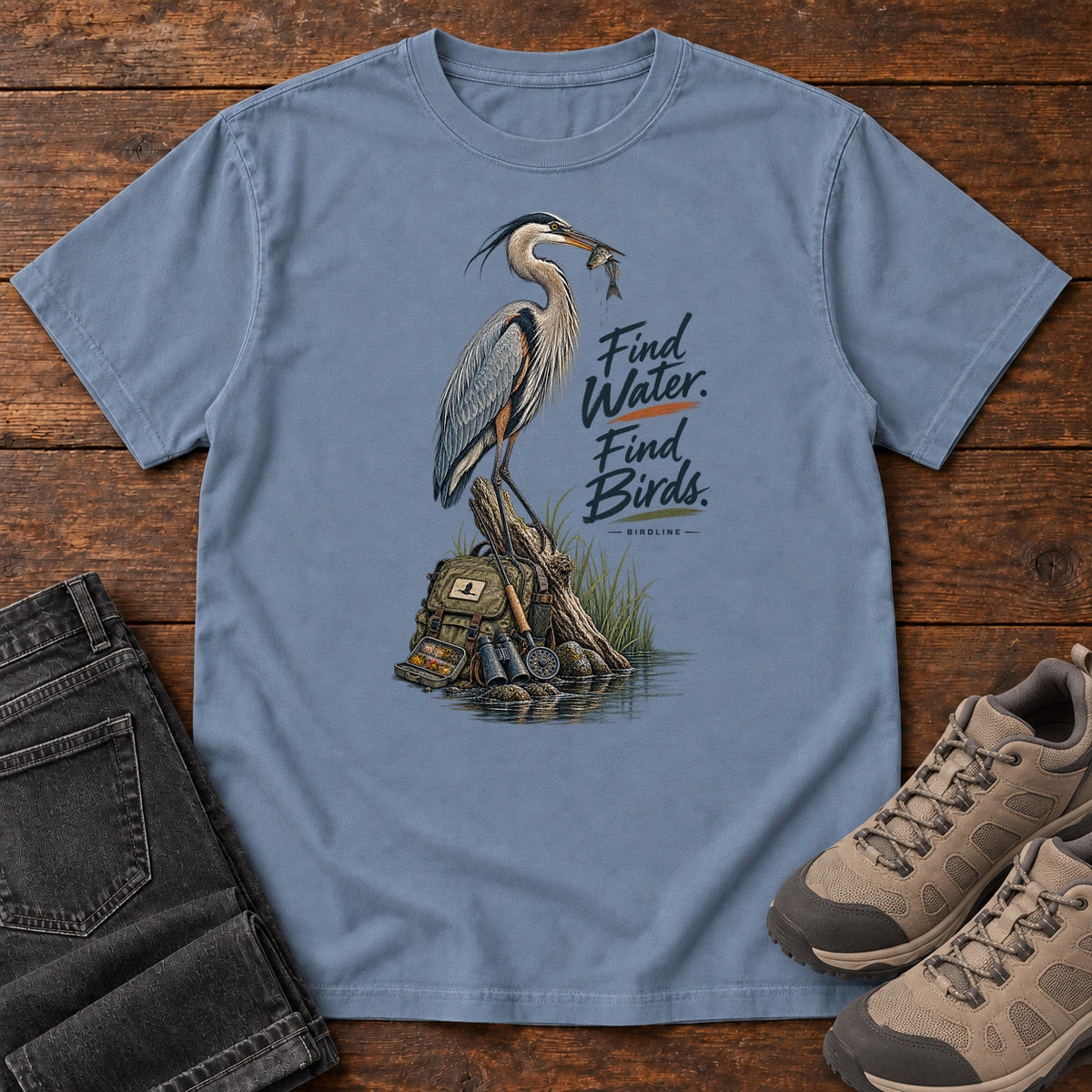 Find Where the Heron Backpack T-Shirt in Blue Jean
