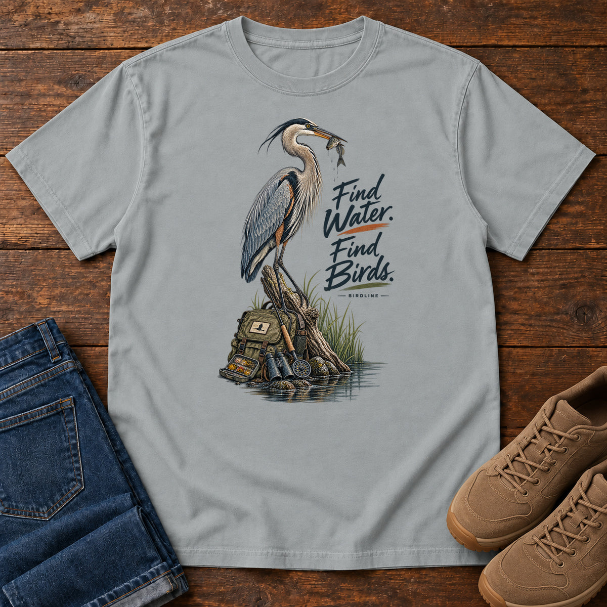 Find Where the Heron Backpack T-Shirt in Granite