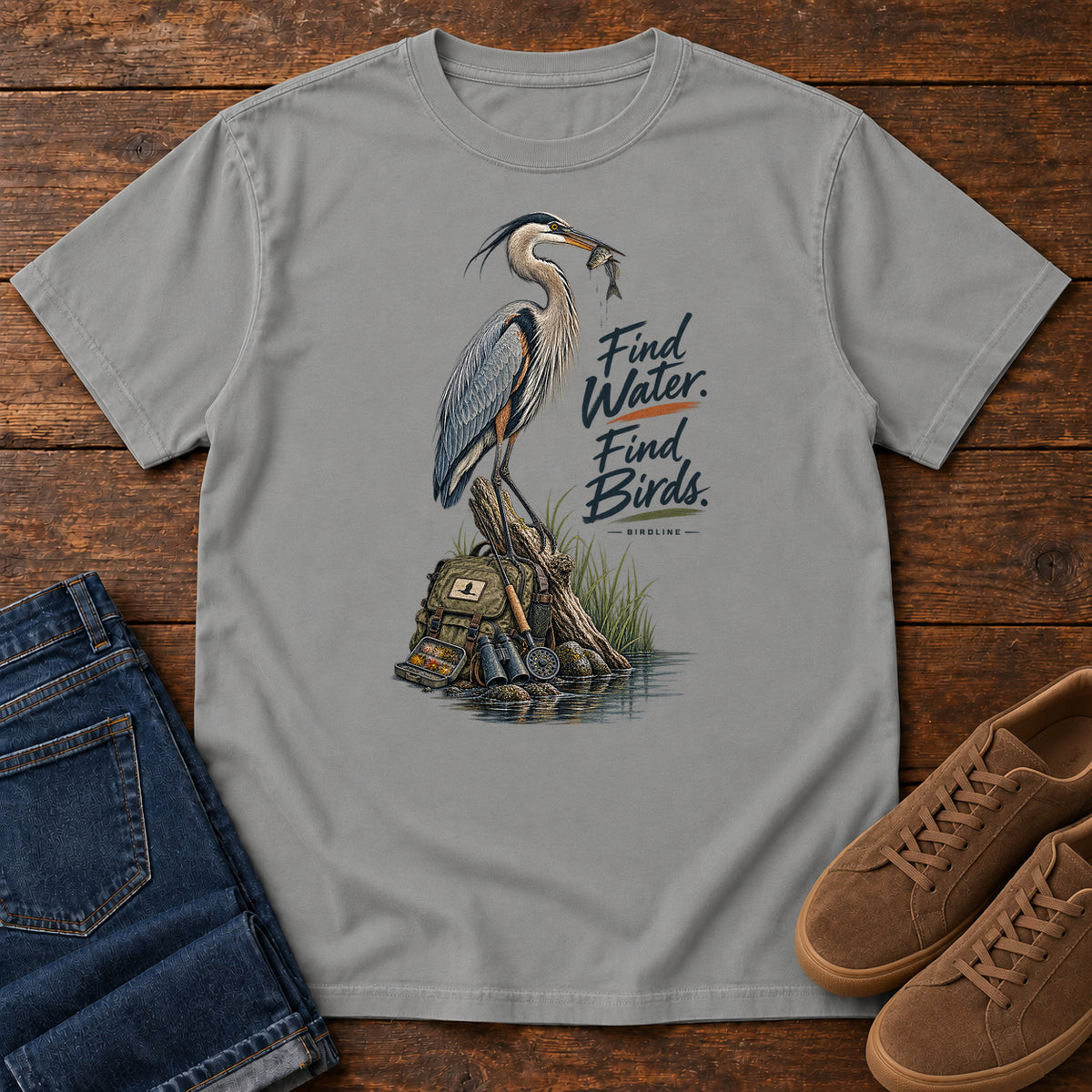 Find Where the Heron Backpack T-Shirt in Grey