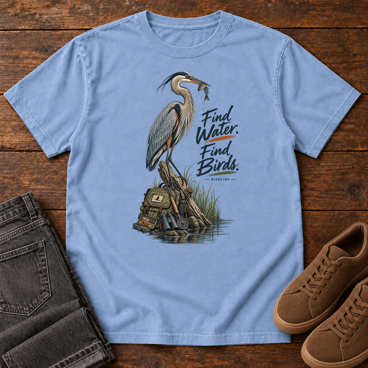 Find Where the Heron Backpack T-Shirt in Washed Denim