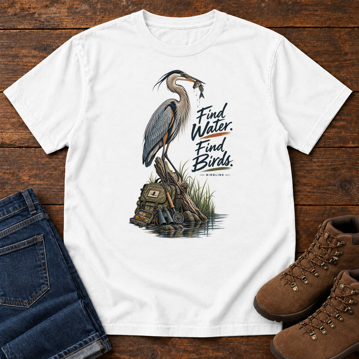 Find Where the Heron Backpack T-Shirt in White