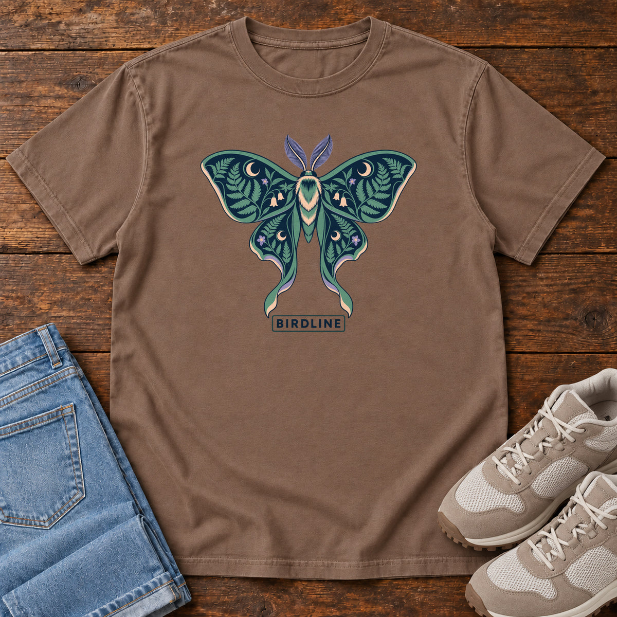 Botanical Moth T-Shirt in Espresso, front laid flat on wood, featuring a teal moth with patterned wings, leaves and crescent moons.