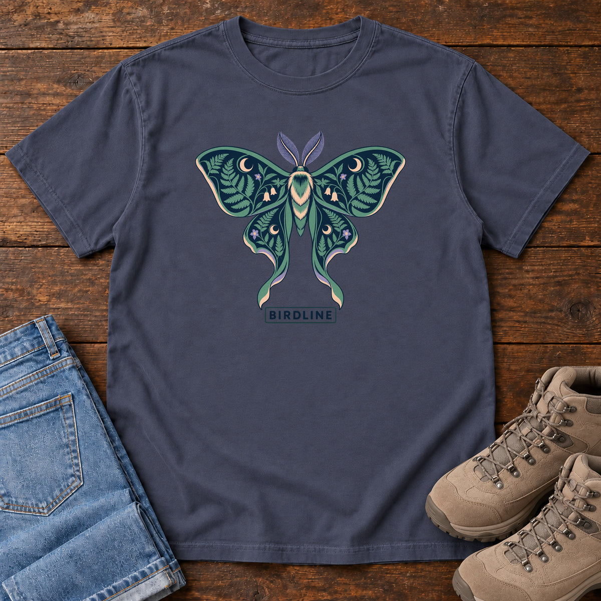 Botanical Moth T-Shirt in Navy, front laid flat on wood, featuring a teal moth with patterned wings, leaves and crescent moons.