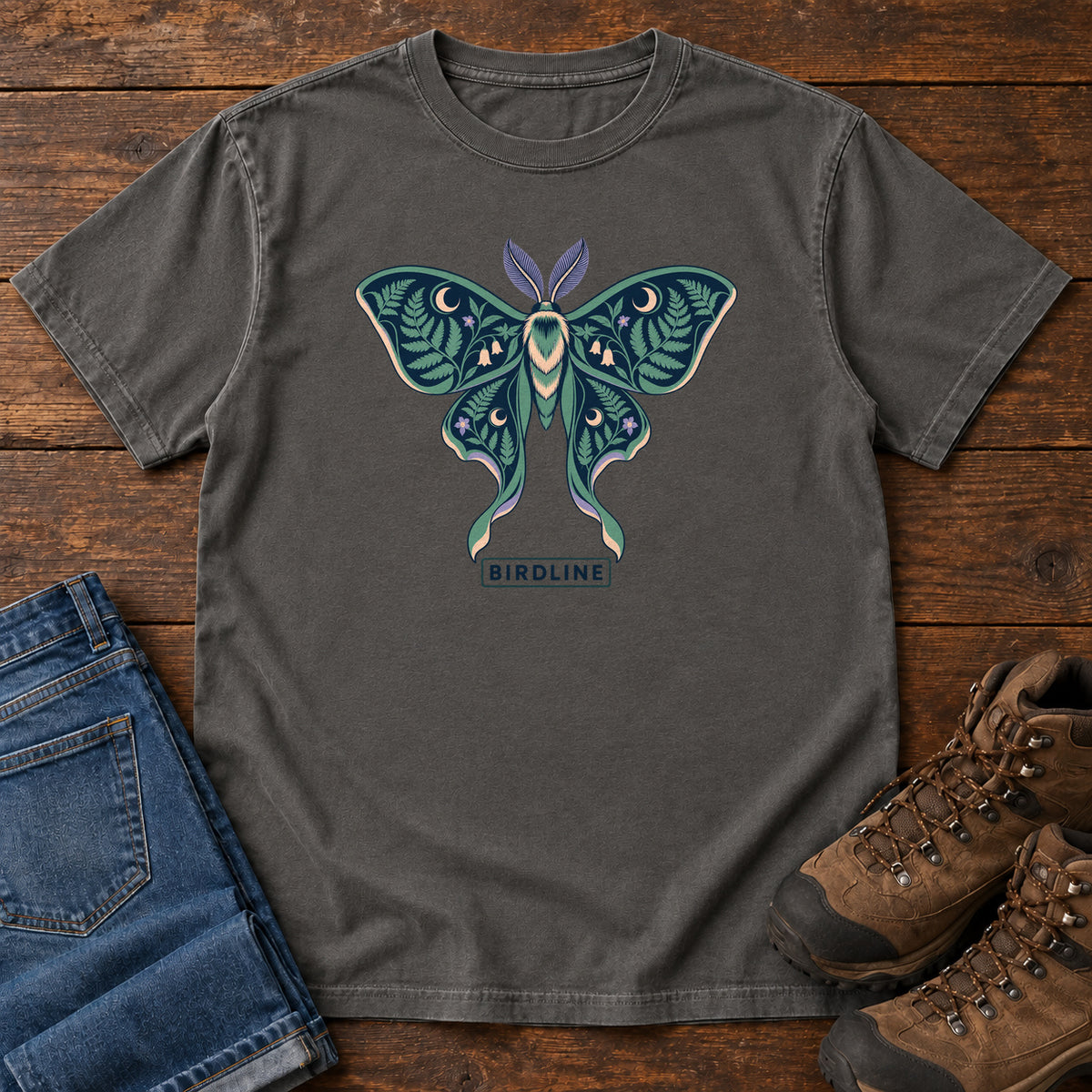 Botanical Moth T-Shirt in Pepper, front laid flat on wood, featuring a teal moth with patterned wings, leaves and crescent moons.