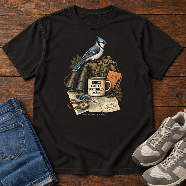 Birds Coffee Dirt Roads Bluejay Field Kit T-Shirt, alternate view