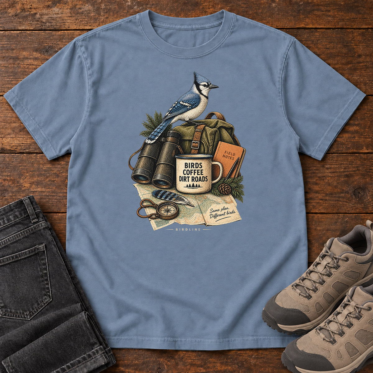 Birds Coffee Dirt Roads Bluejay Field Kit T-Shirt in Blue Jean
