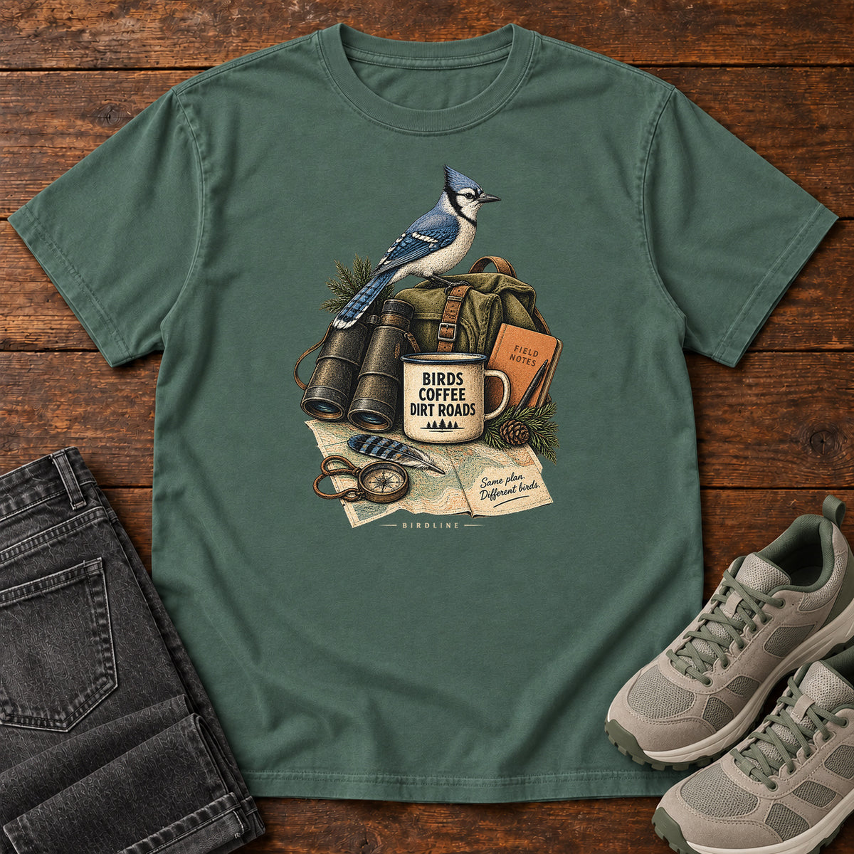 Birds Coffee Dirt Roads Bluejay Field Kit T-Shirt in Blue Spruce