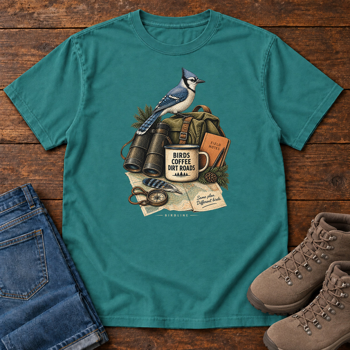 Birds Coffee Dirt Roads Bluejay Field Kit T-Shirt in Emerald