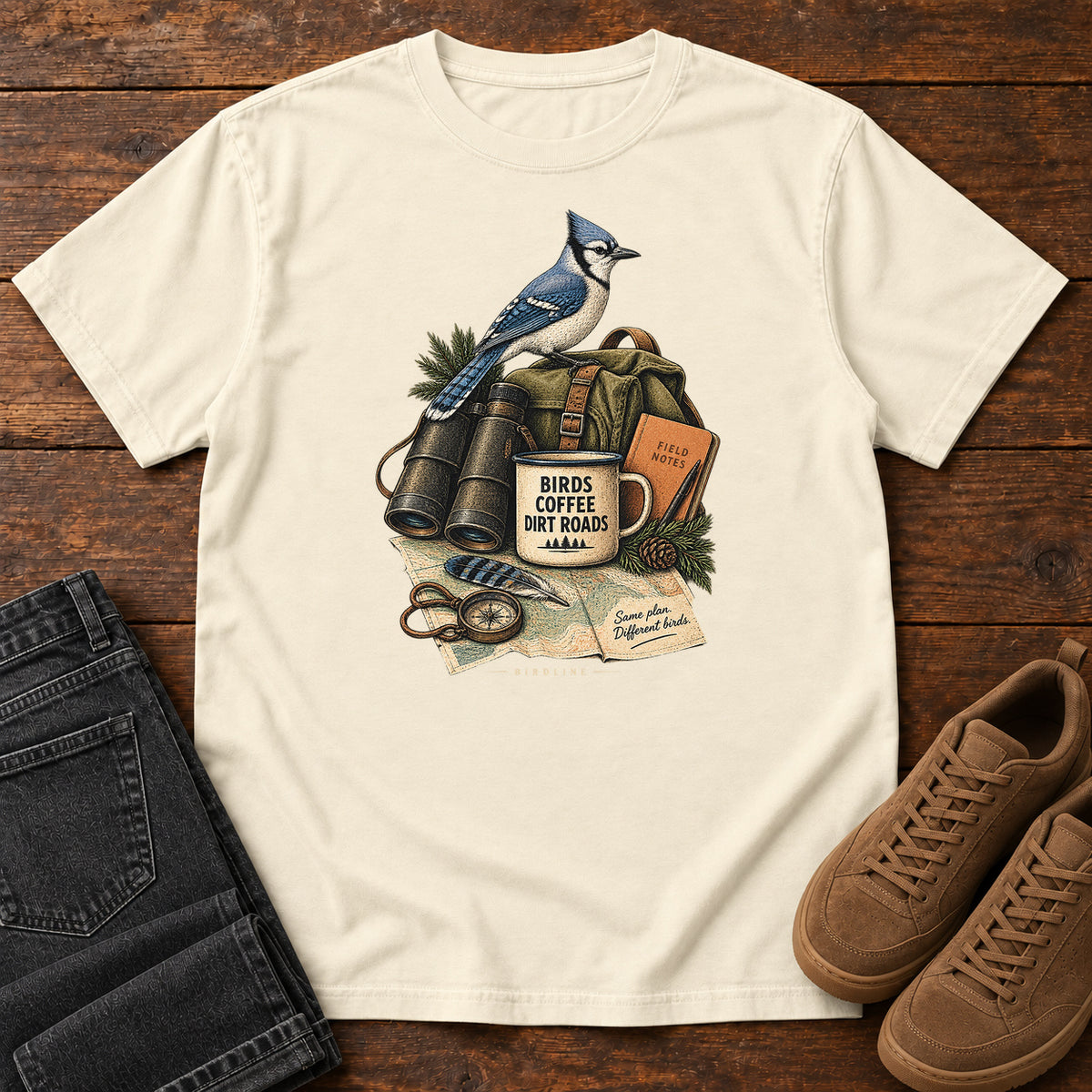Birds Coffee Dirt Roads Bluejay Field Kit T-Shirt in Ivory