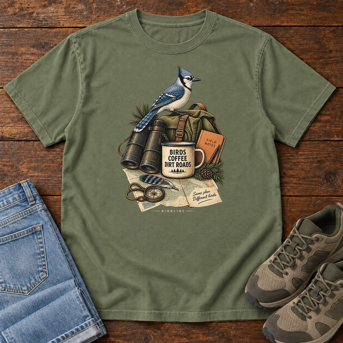Birds Coffee Dirt Roads Bluejay Field Kit T-Shirt in Moss