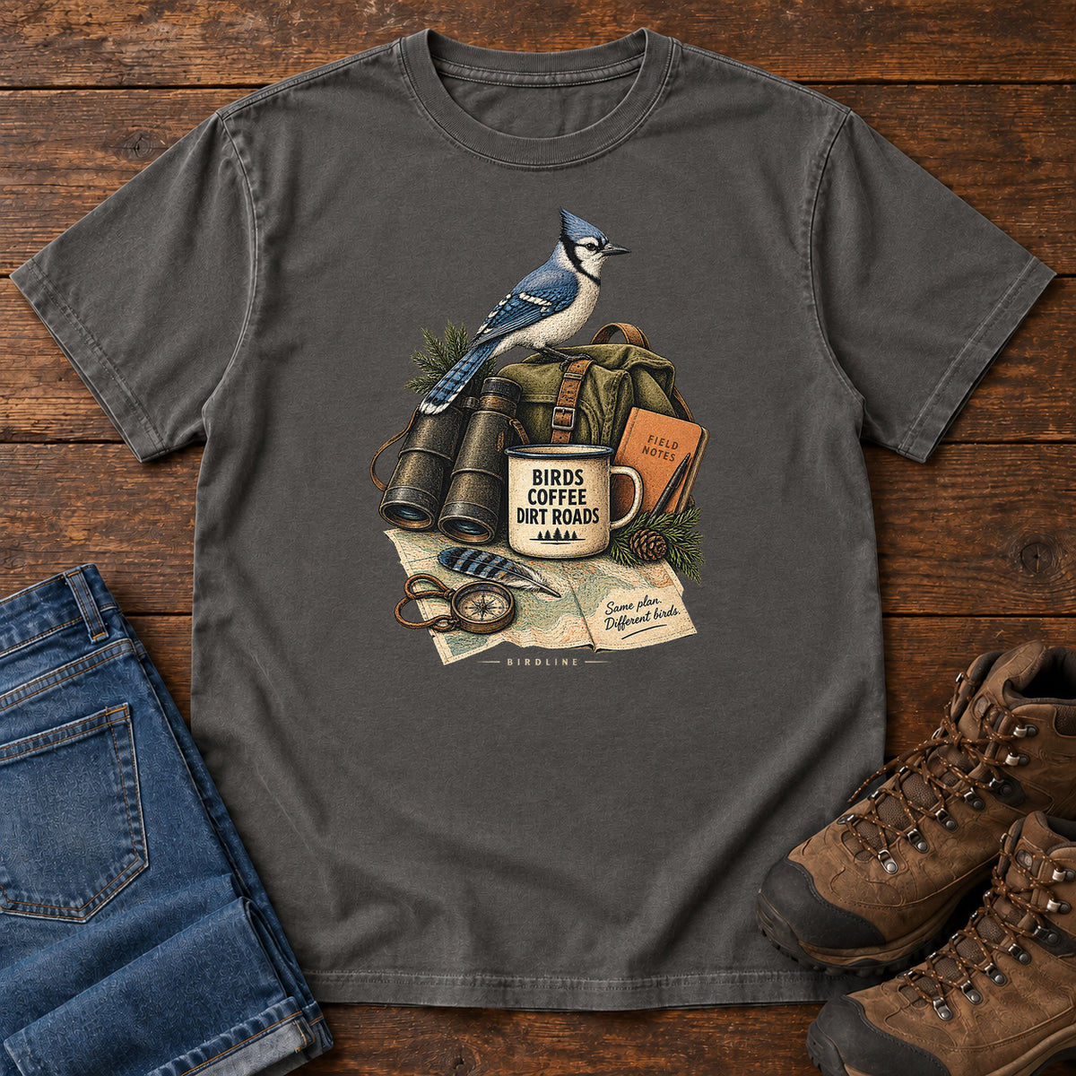 Birds Coffee Dirt Roads Bluejay Field Kit T-Shirt in Pepper