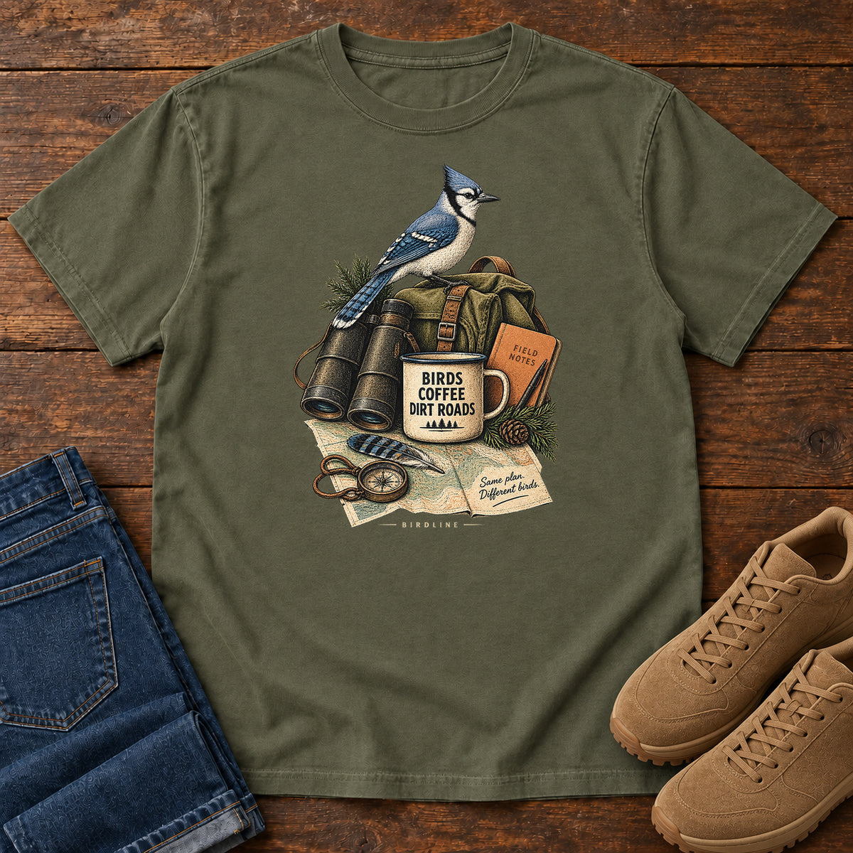 Birds Coffee Dirt Roads Bluejay Field Kit T-Shirt in Sage