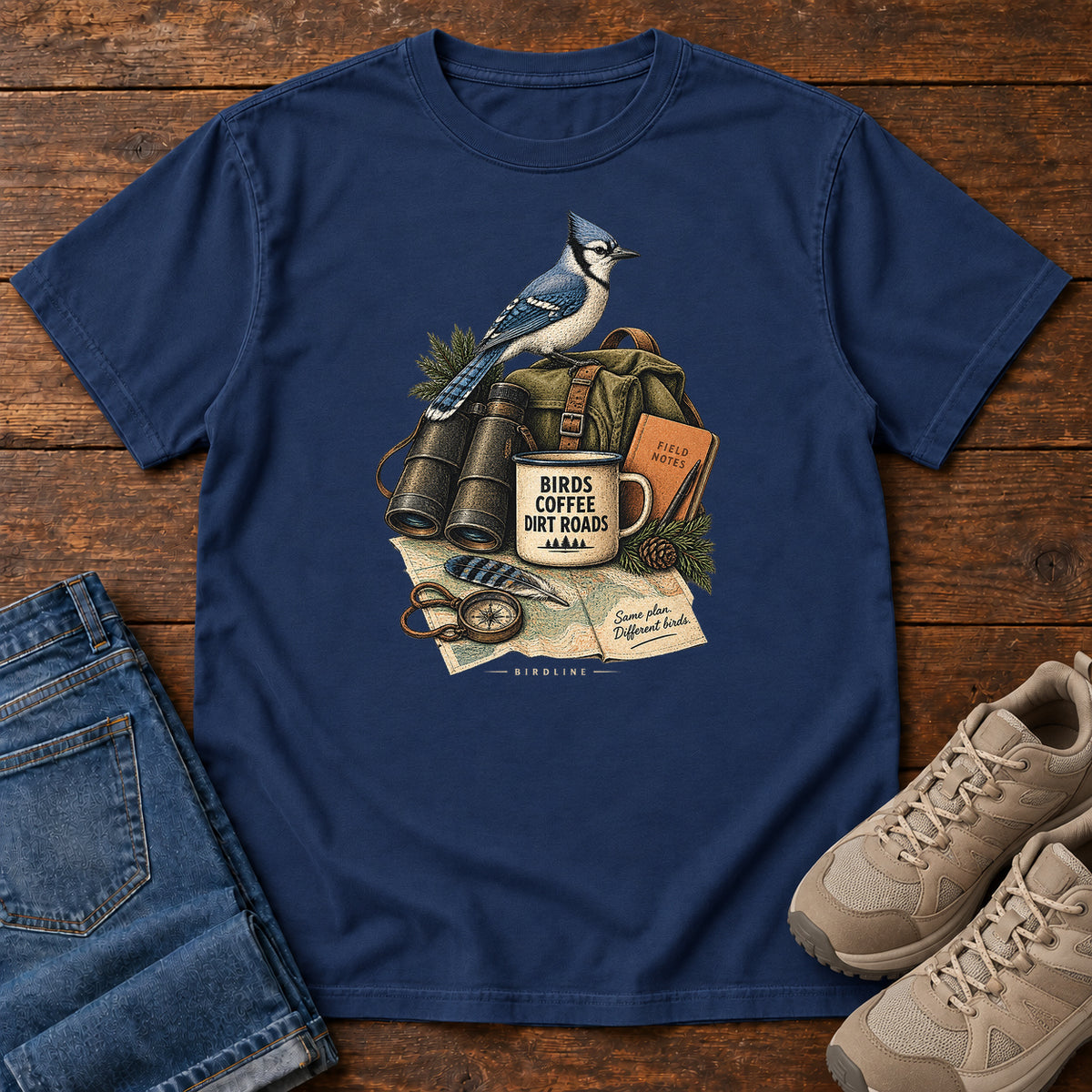 Birds Coffee Dirt Roads Bluejay Field Kit T-Shirt in True Navy
