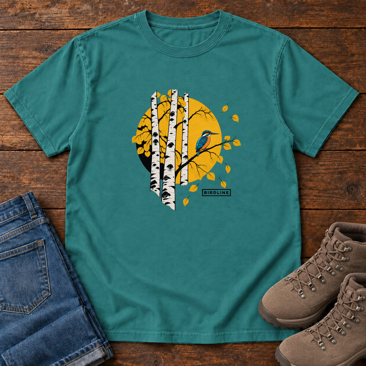 Emerald Aspens Kingfisher T-Shirt with a blue bird perched among white tree trunks against a golden circle, front flat lay on wood.
