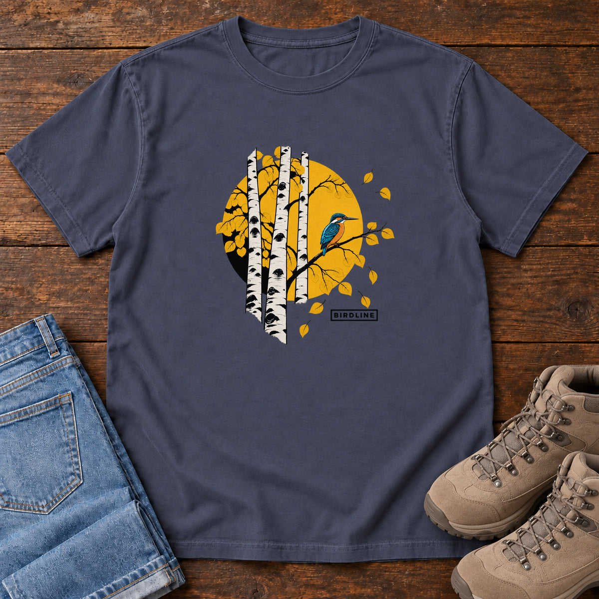 Navy Aspens Kingfisher T-Shirt with a blue bird perched among white tree trunks against a golden circle, front flat lay on wood.