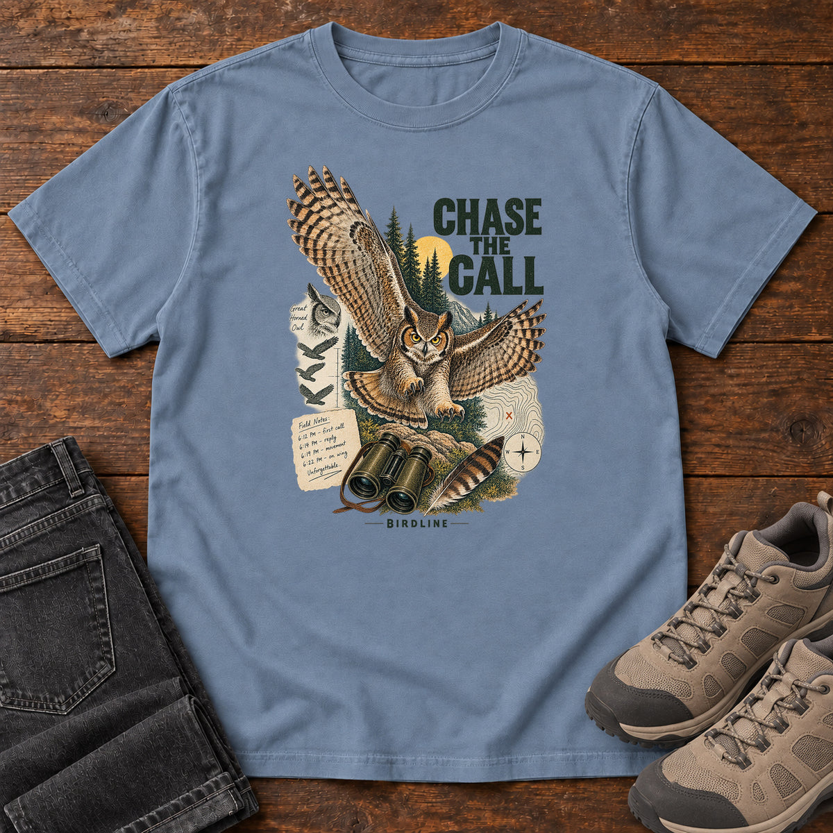 Chase the Call Owl T-Shirt in Blue Jean