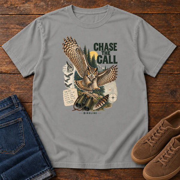 Chase the Call Owl T-Shirt in Grey, front view