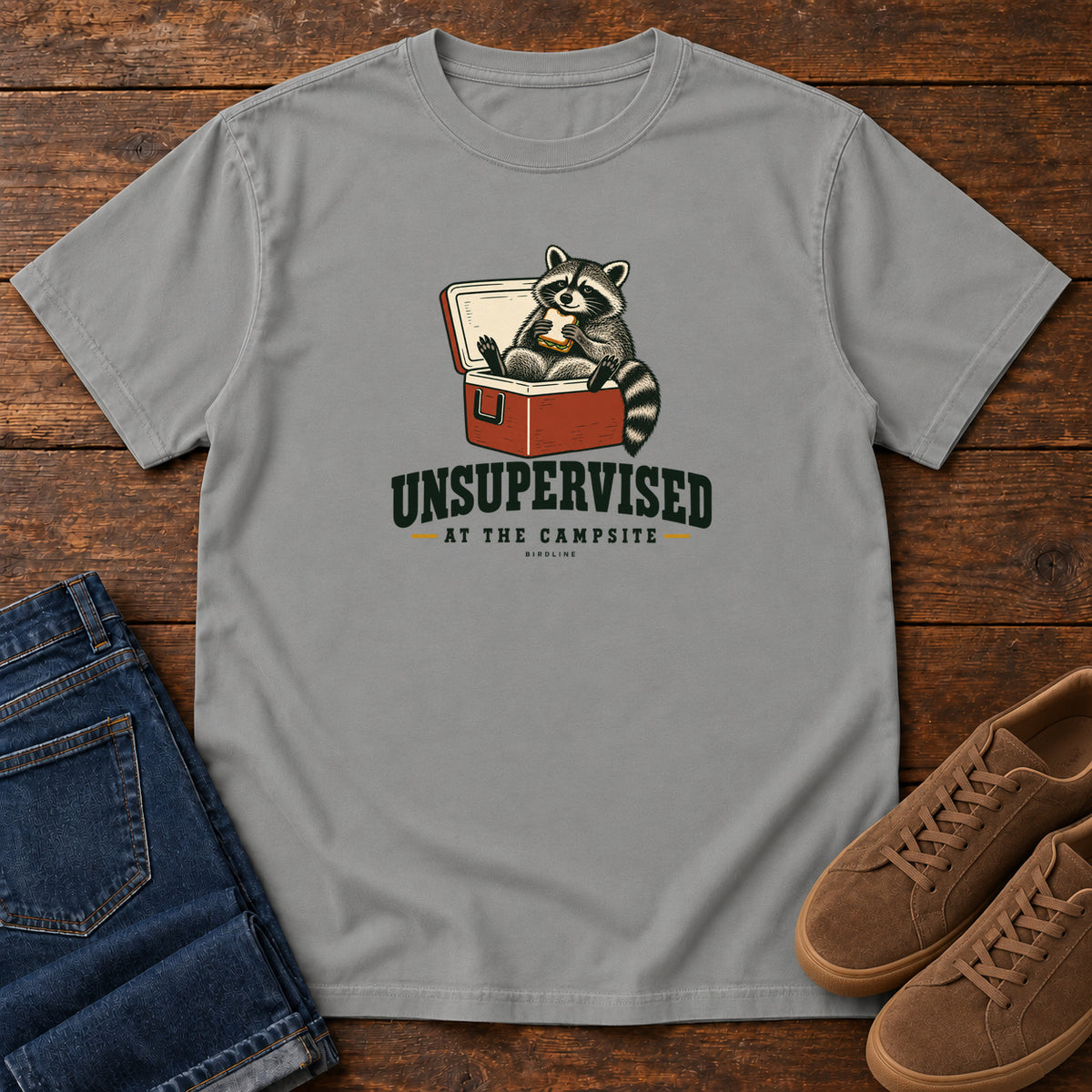 Grey Unsupervised at the Campsite T-Shirt with a raccoon eating a sandwich while sitting in an open red cooler; front flat lay on wood.
