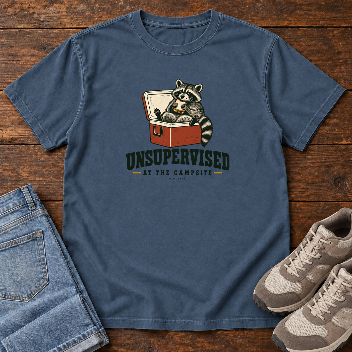 Midnight Unsupervised at the Campsite T-Shirt with a raccoon eating a sandwich while sitting in an open red cooler; front flat lay on wood.