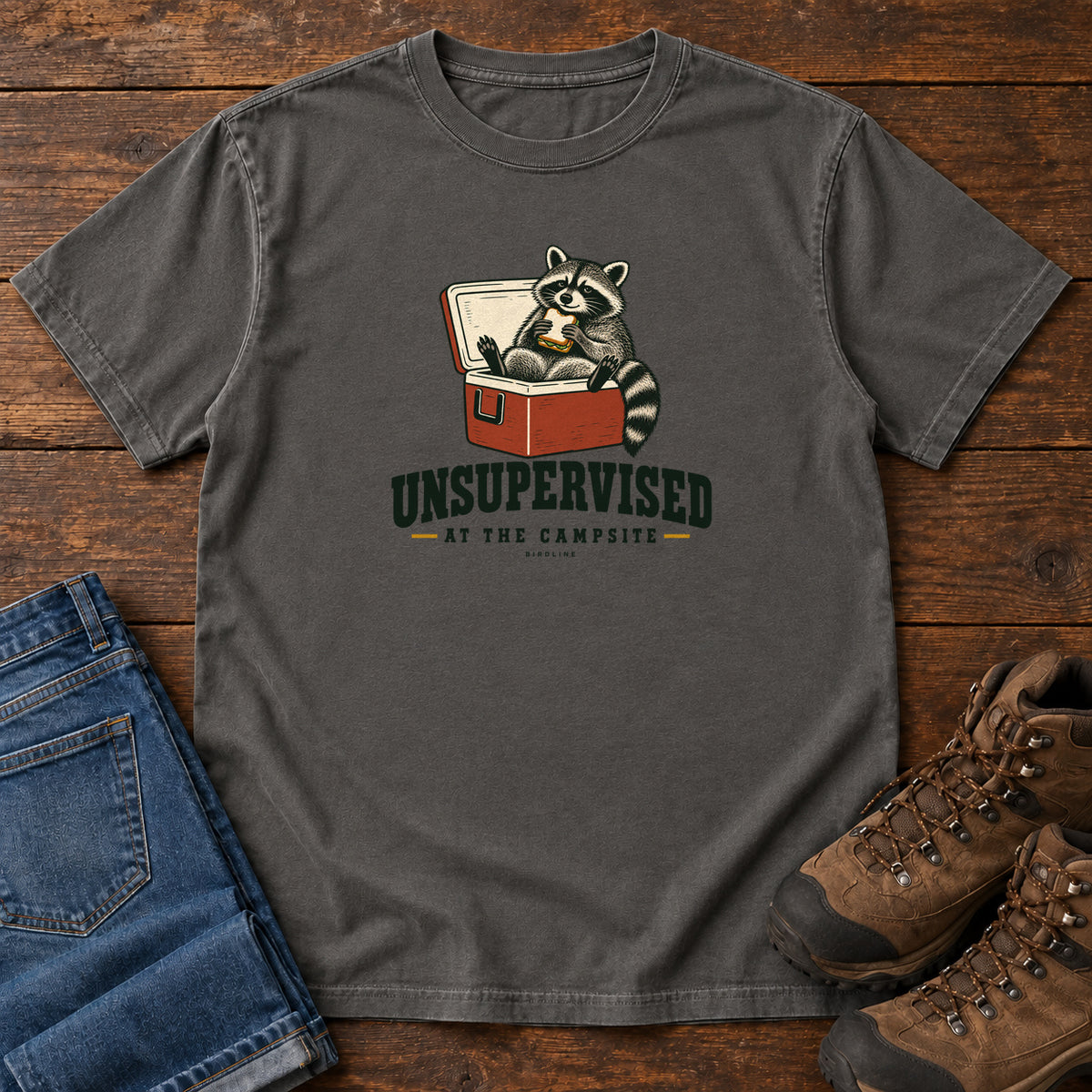 Pepper Unsupervised at the Campsite T-Shirt with a raccoon eating a sandwich while sitting in an open red cooler; front flat lay on wood.