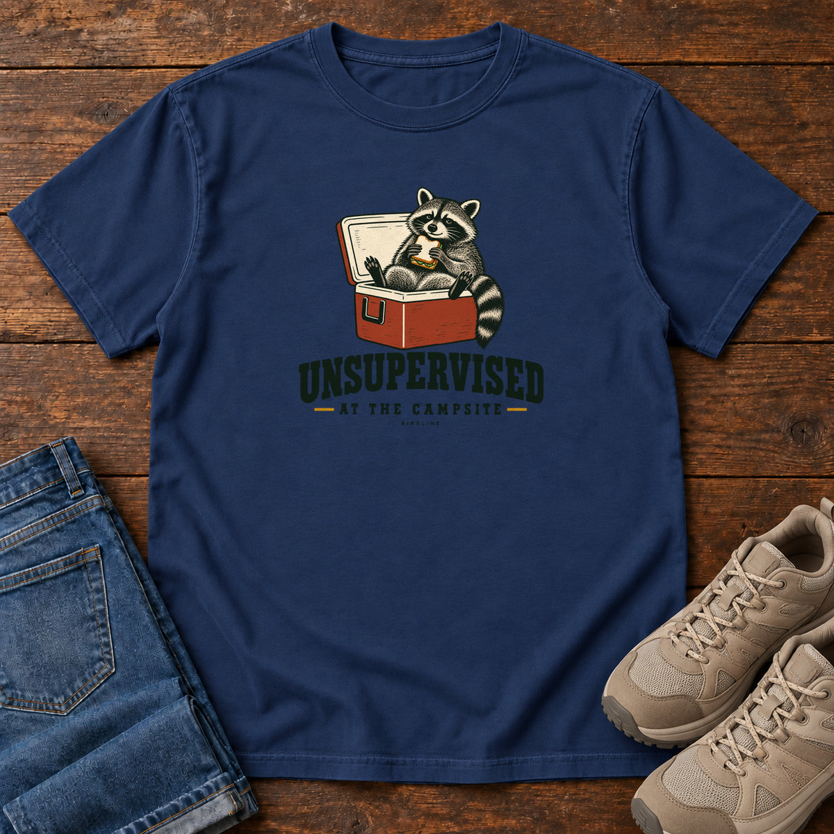 True Navy Unsupervised at the Campsite T-Shirt with a raccoon eating a sandwich while sitting in an open red cooler; front flat lay on wood.