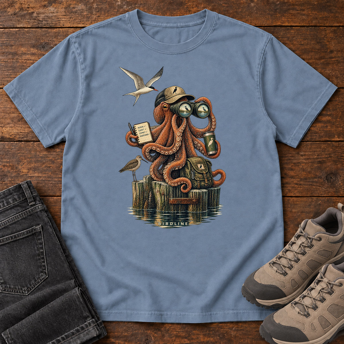 Octopus Birdwatcher Pier T-Shirt in Blue Jean