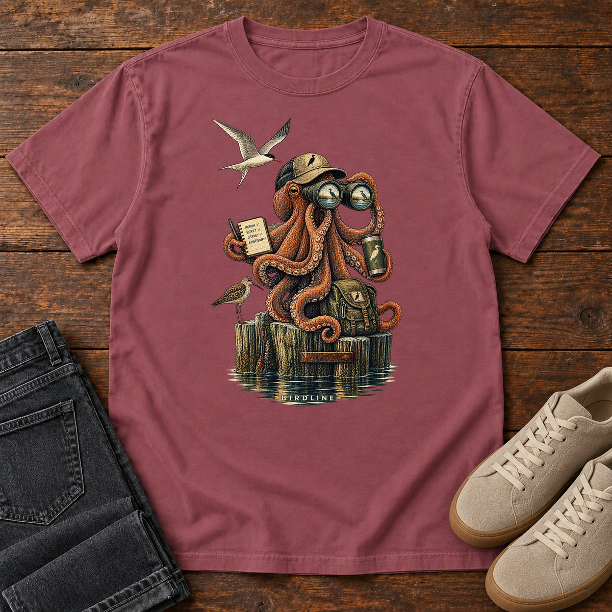 Octopus Birdwatcher Pier T-Shirt in Brick