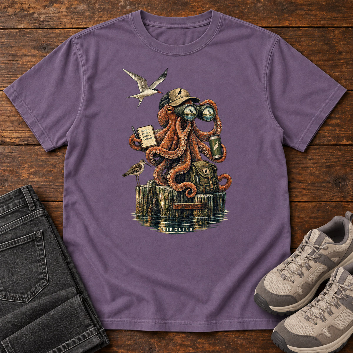 Octopus Birdwatcher Pier T-Shirt in Grape