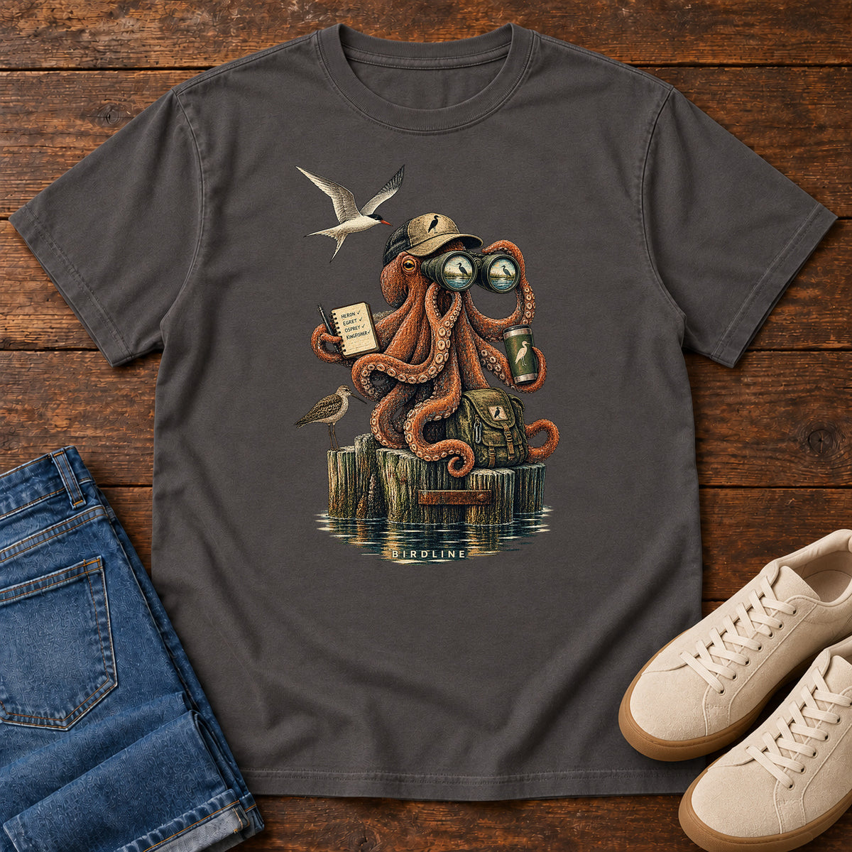 Octopus Birdwatcher Pier T-Shirt in Graphite