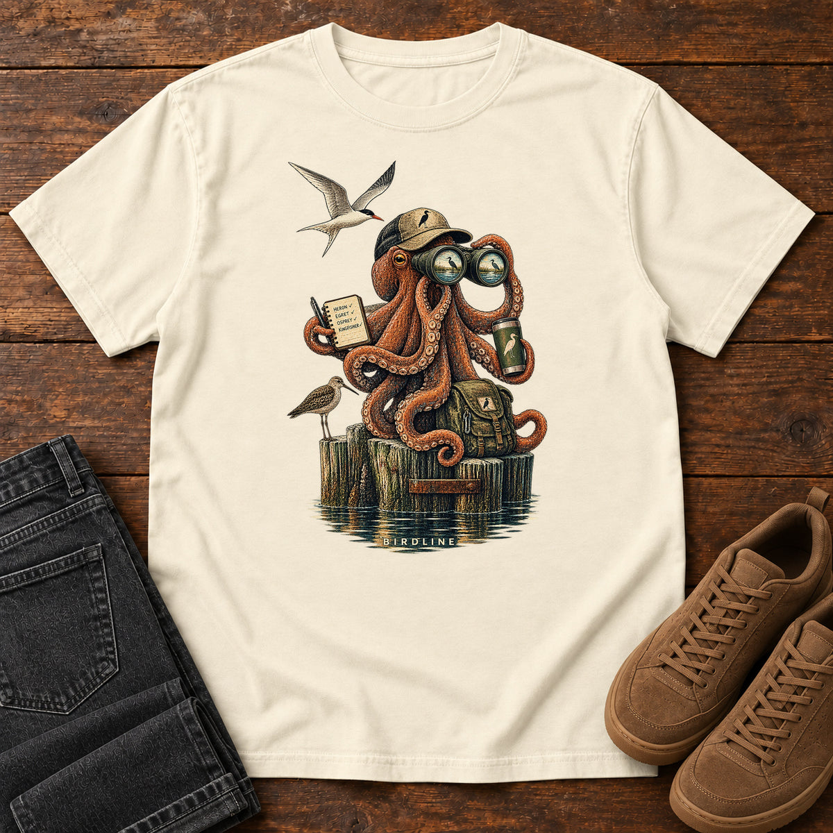 Octopus Birdwatcher Pier T-Shirt in Ivory