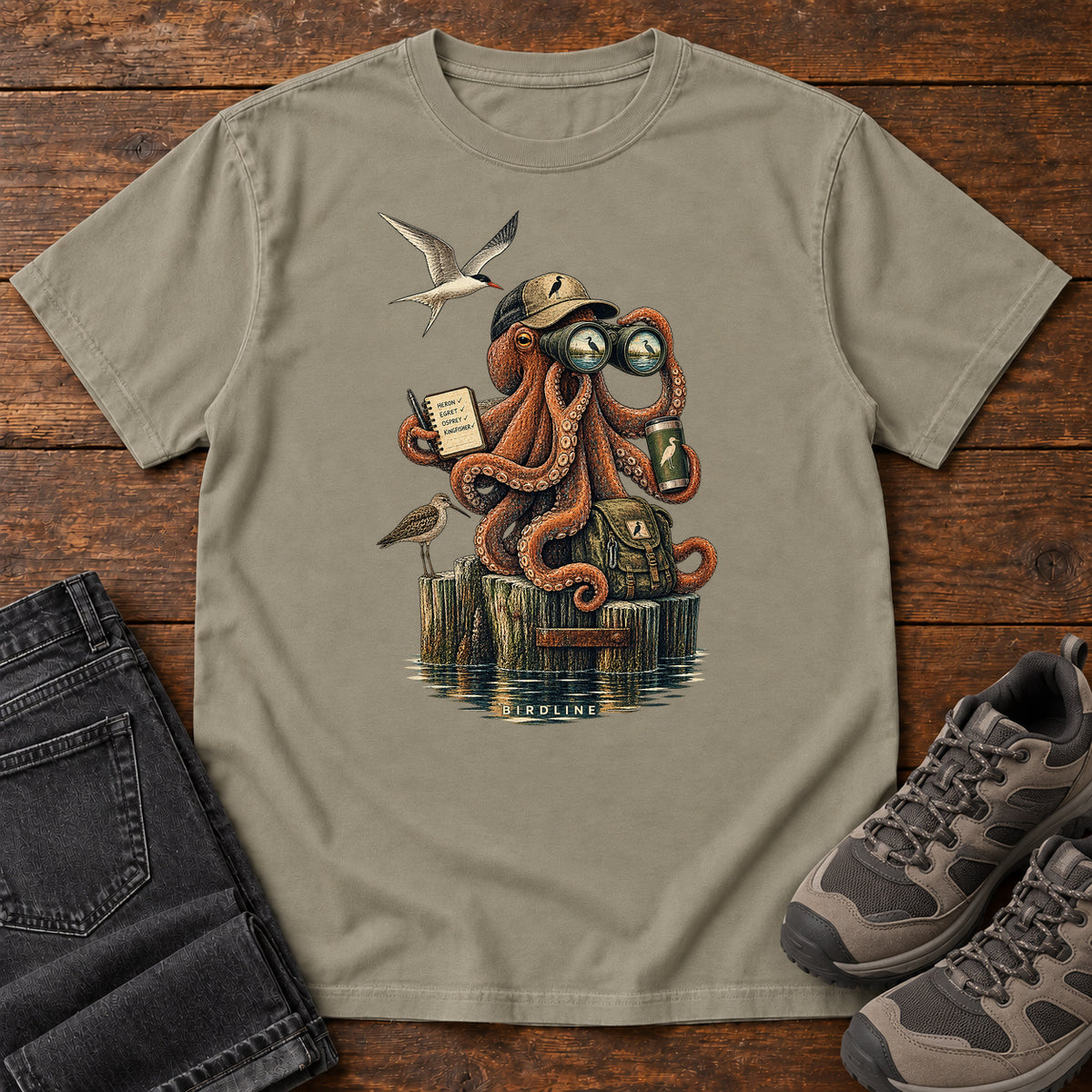 Octopus Birdwatcher Pier T-Shirt in Sandstone