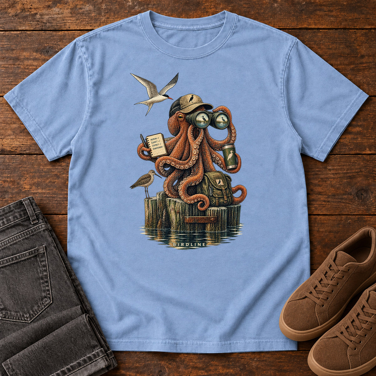 Octopus Birdwatcher Pier T-Shirt in Washed Denim