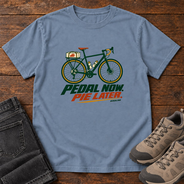 Pedal Now Pie Later T-Shirt in Blue Jean, front view