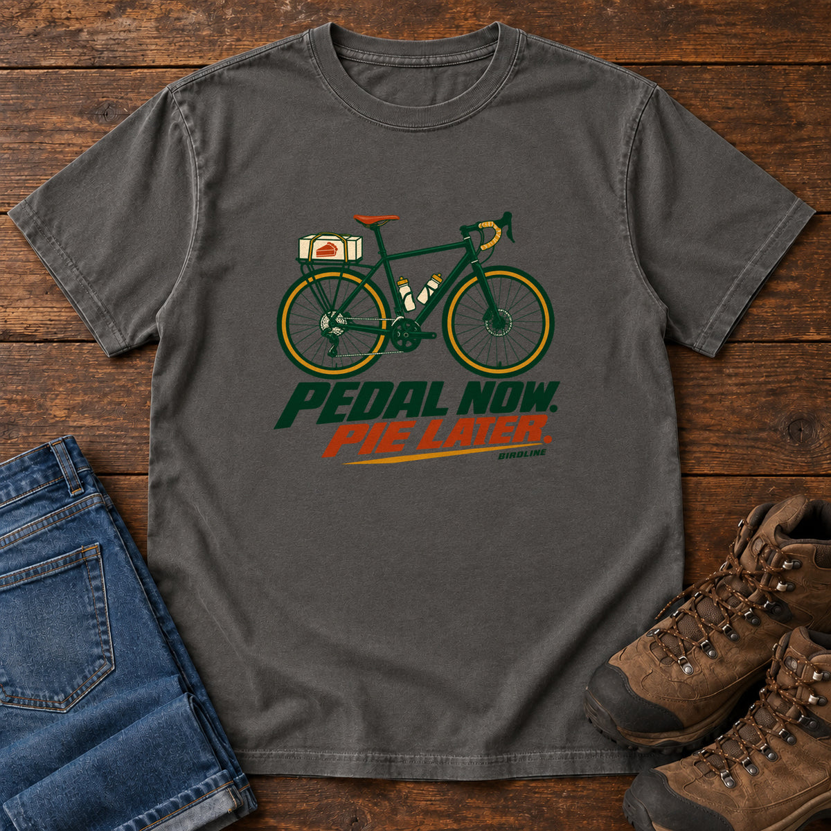 Pepper Pedal Now Pie Later T-Shirt with a green touring bicycle above green and orange lettering, front flat lay on wood.