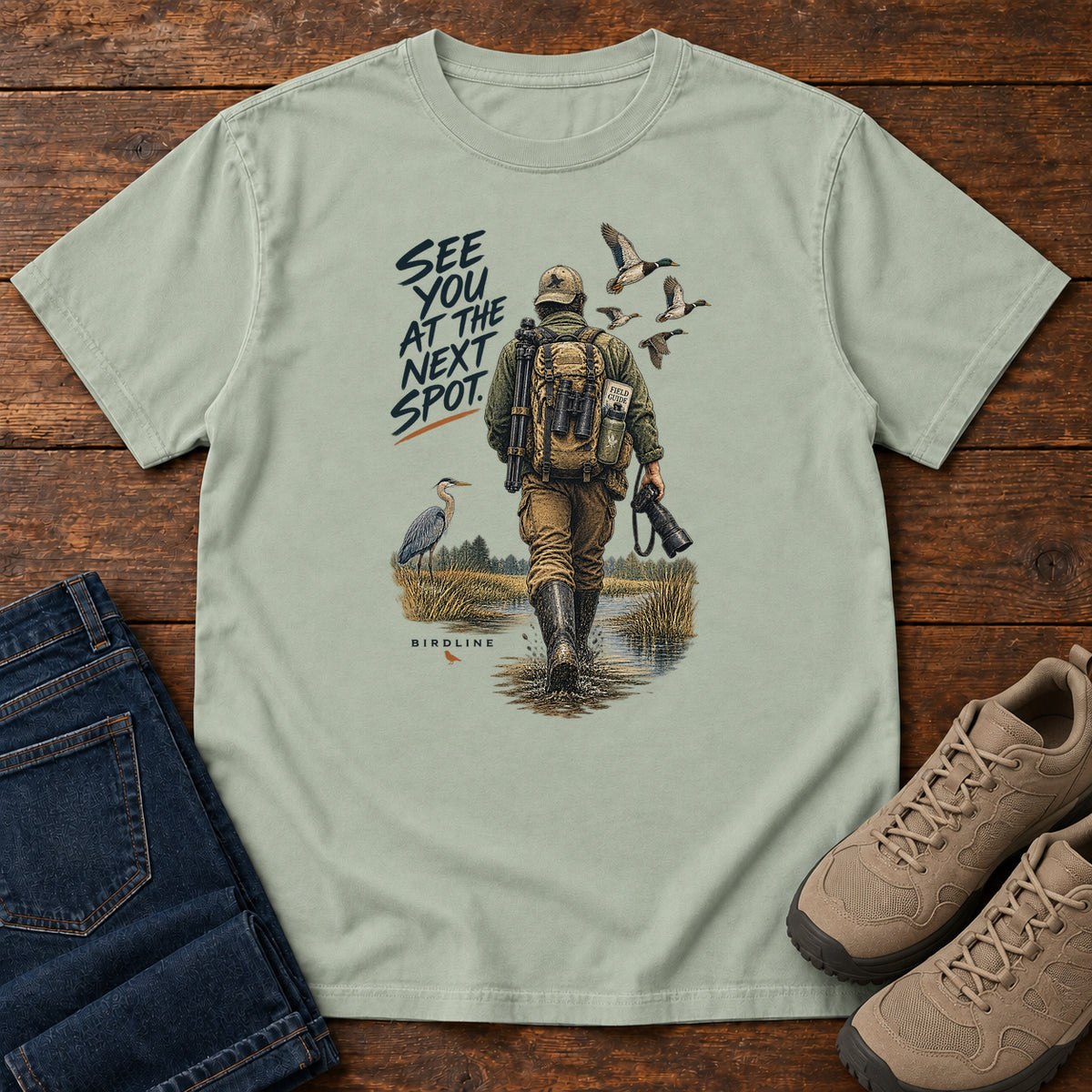 See You at the Next Spot Birdwatcher T-Shirt in Bay