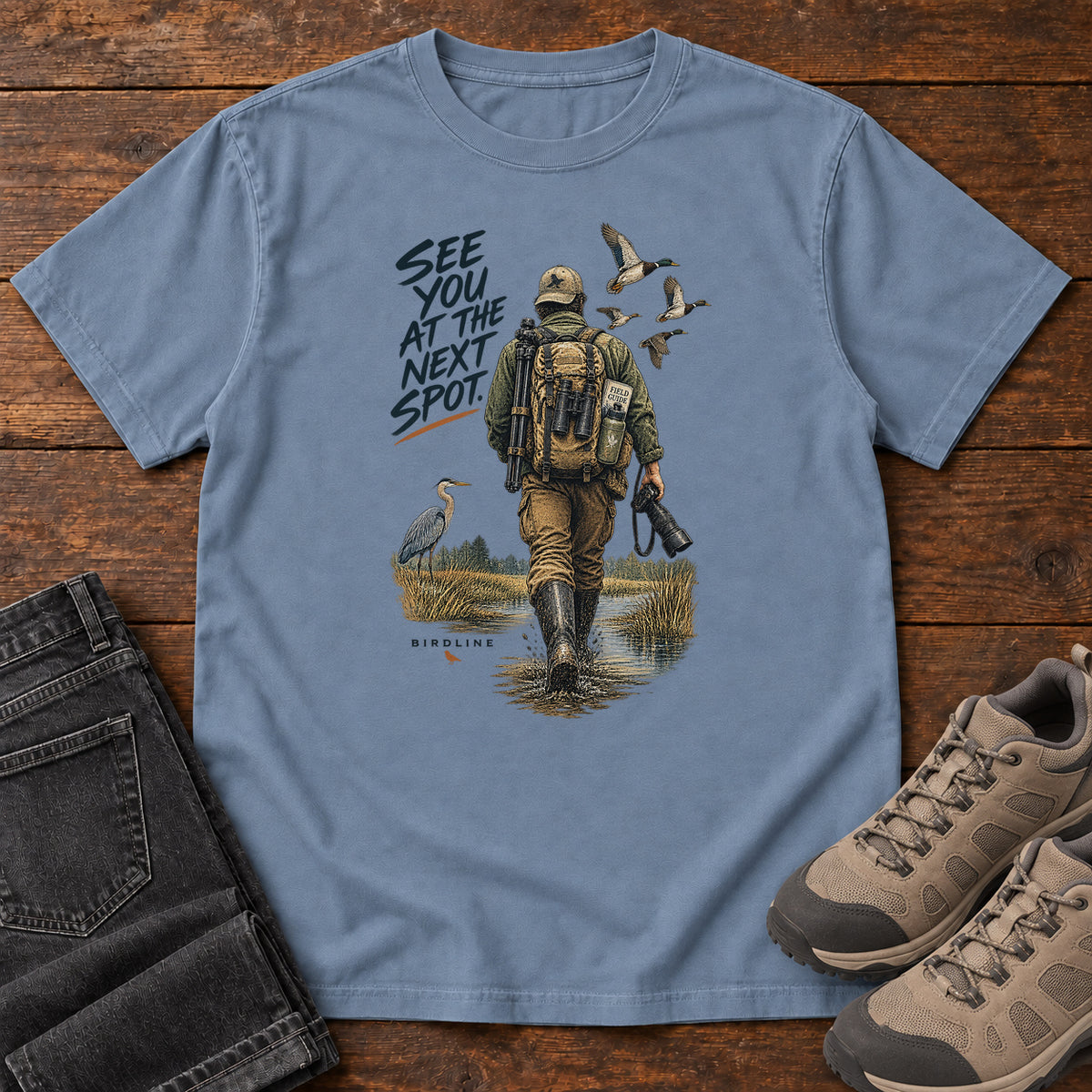 See You at the Next Spot Birdwatcher T-Shirt in Blue Jean
