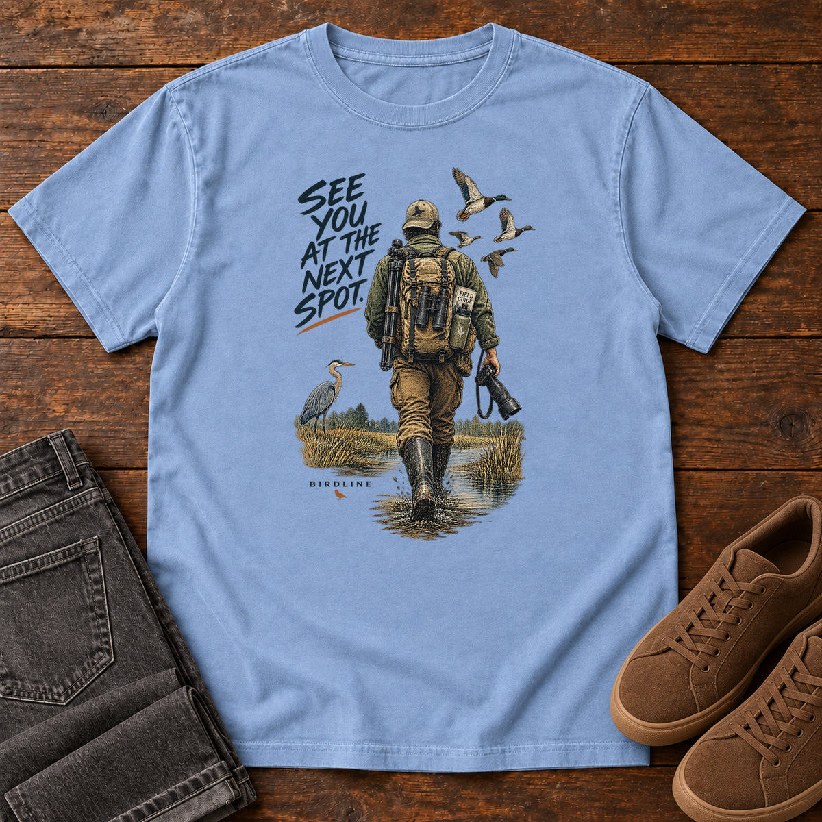See You at the Next Spot Birdwatcher T-Shirt in Washed Denim