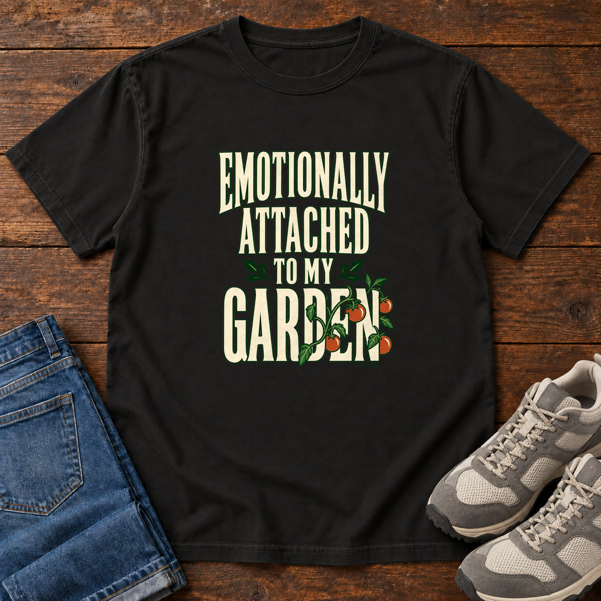 Black Emotionally Attached to My Garden T-Shirt with cream lettering intertwined with a leafy vine and orange fruit, front flat lay on wood.