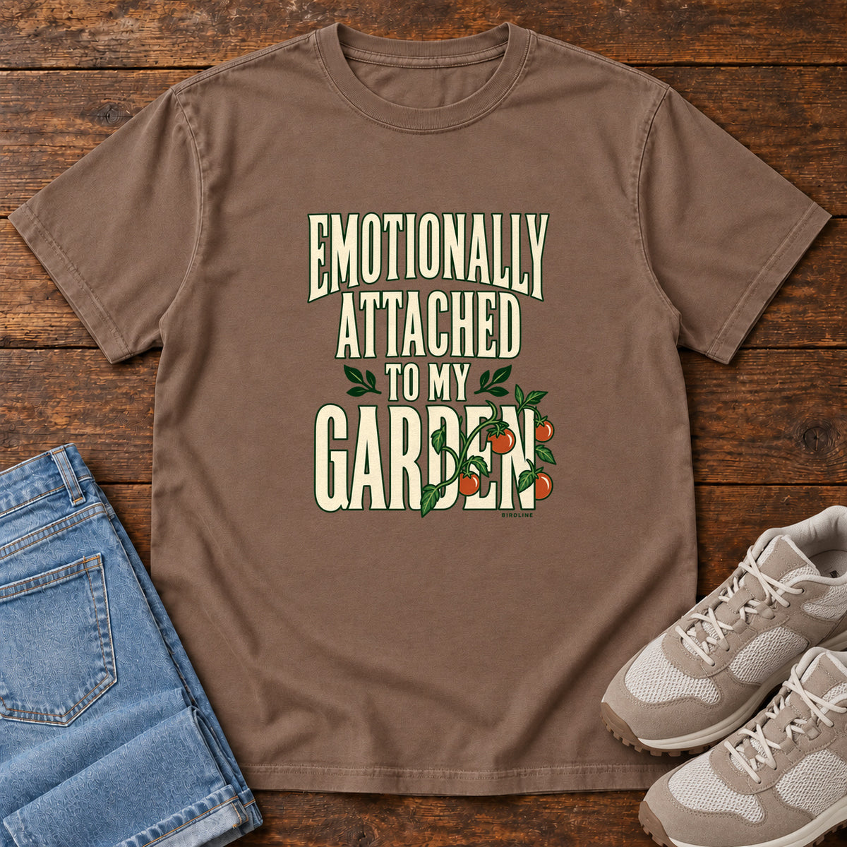 Espresso Emotionally Attached to My Garden T-Shirt with cream lettering intertwined with a leafy vine and orange fruit, front flat lay on wood.