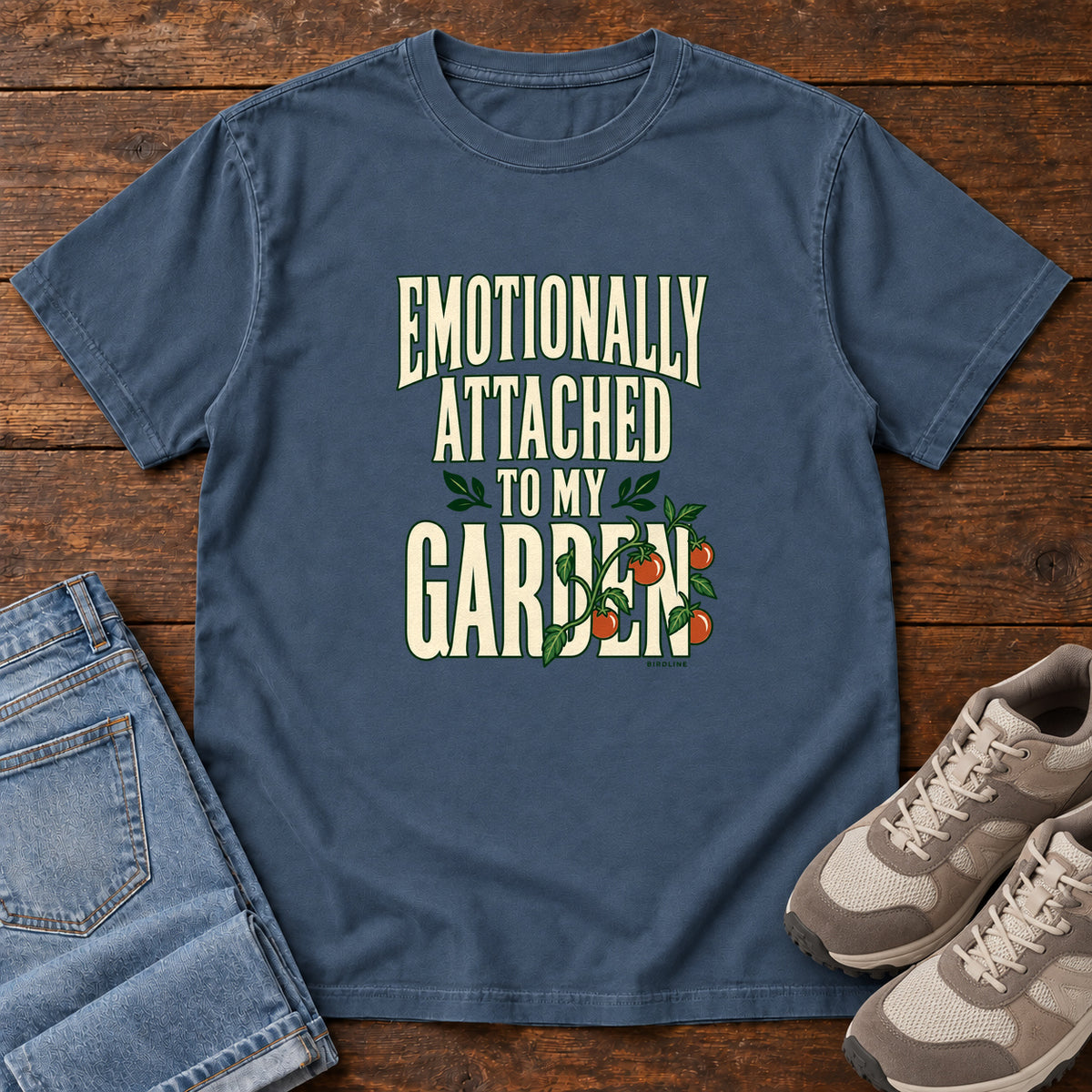 Midnight Emotionally Attached to My Garden T-Shirt with cream lettering intertwined with a leafy vine and orange fruit, front flat lay on wood.