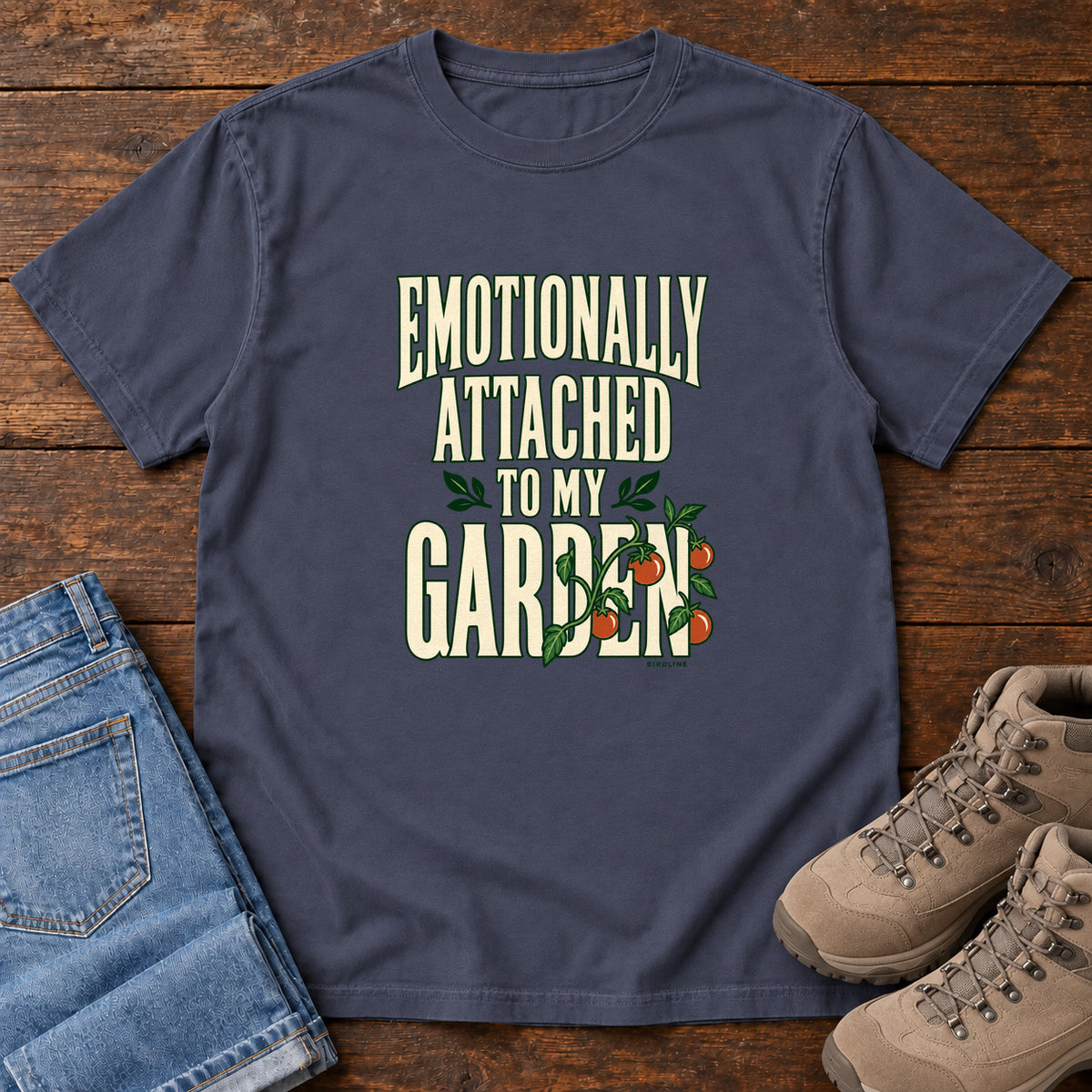 Navy Emotionally Attached to My Garden T-Shirt with cream lettering intertwined with a leafy vine and orange fruit, front flat lay on wood.
