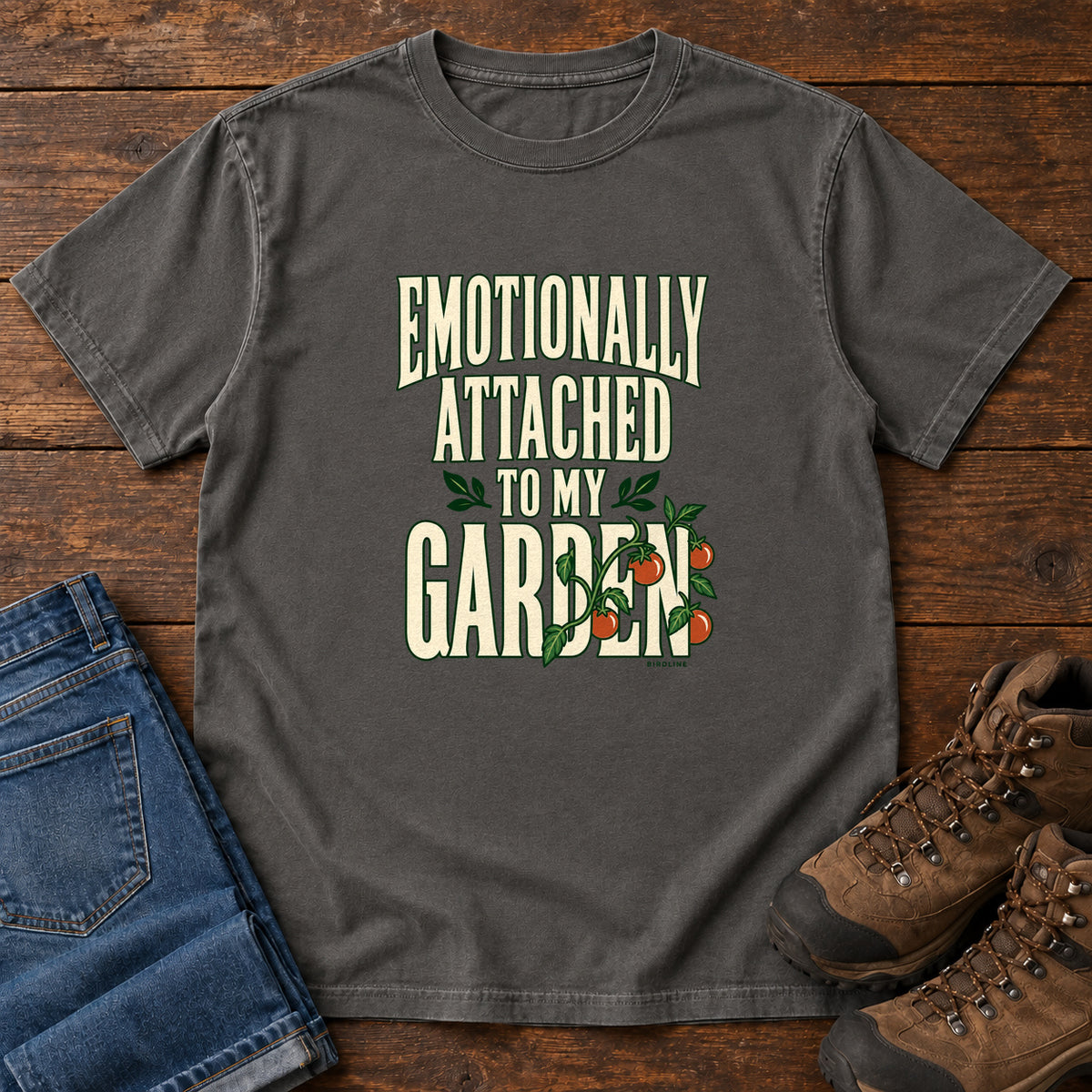Pepper Emotionally Attached to My Garden T-Shirt with cream lettering intertwined with a leafy vine and orange fruit, front flat lay on wood.