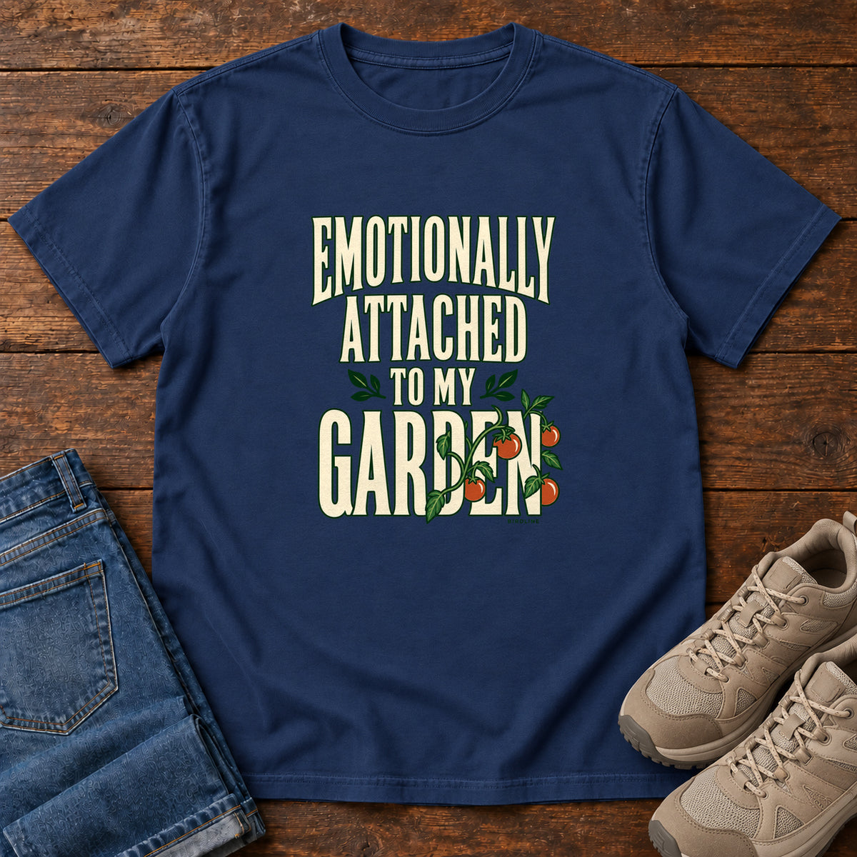 True Navy Emotionally Attached to My Garden T-Shirt with cream lettering intertwined with a leafy vine and orange fruit, front flat lay on wood.