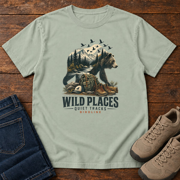 Wild Places Quiet Tracks Bear T-Shirt in Bay, front view