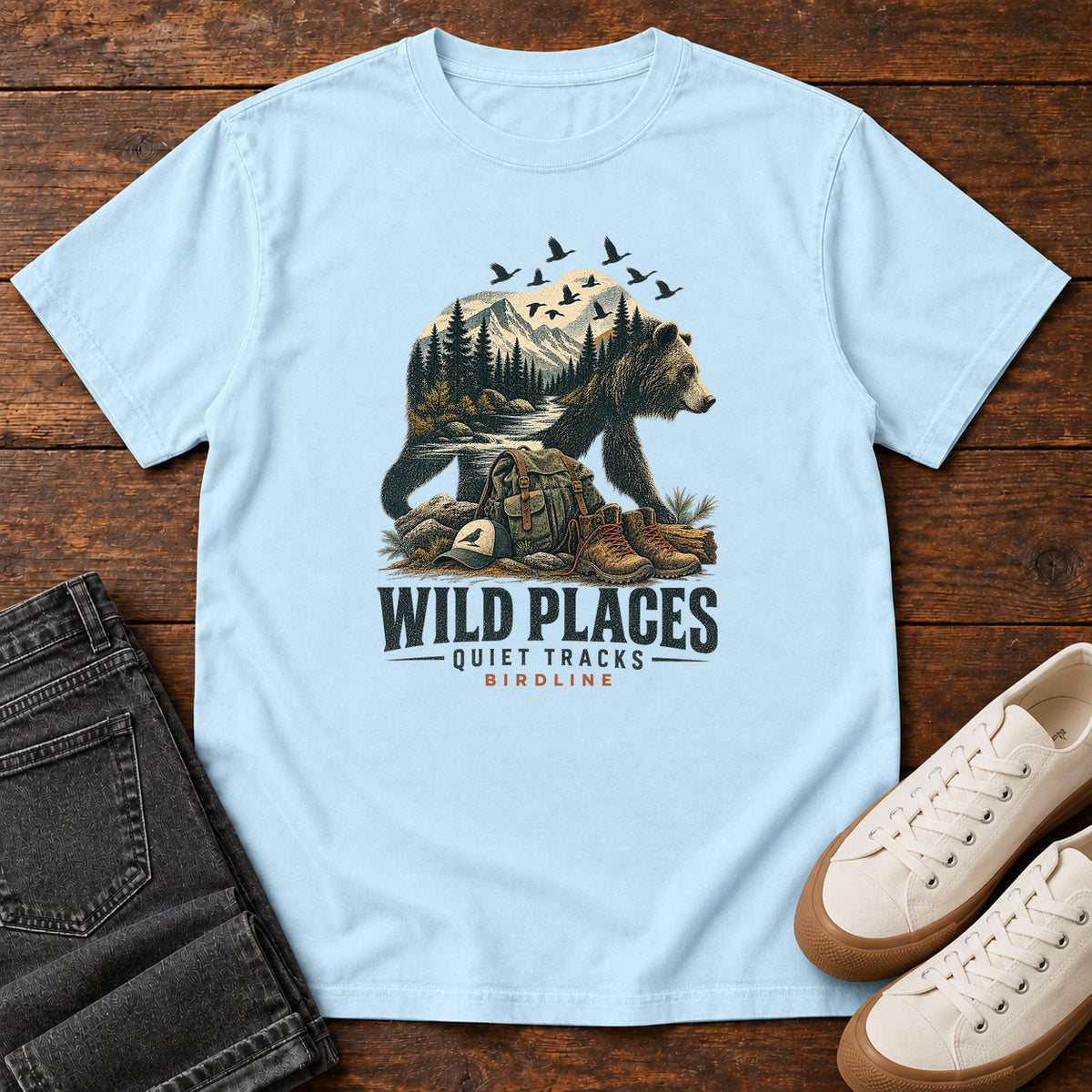 Wild Places Quiet Tracks Bear T-Shirt in Chambray